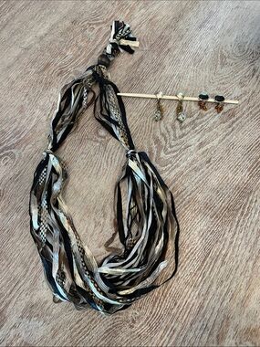 Multi-Strand Black and Beige Gold Ribbon Necklace Shown with Matching Earring